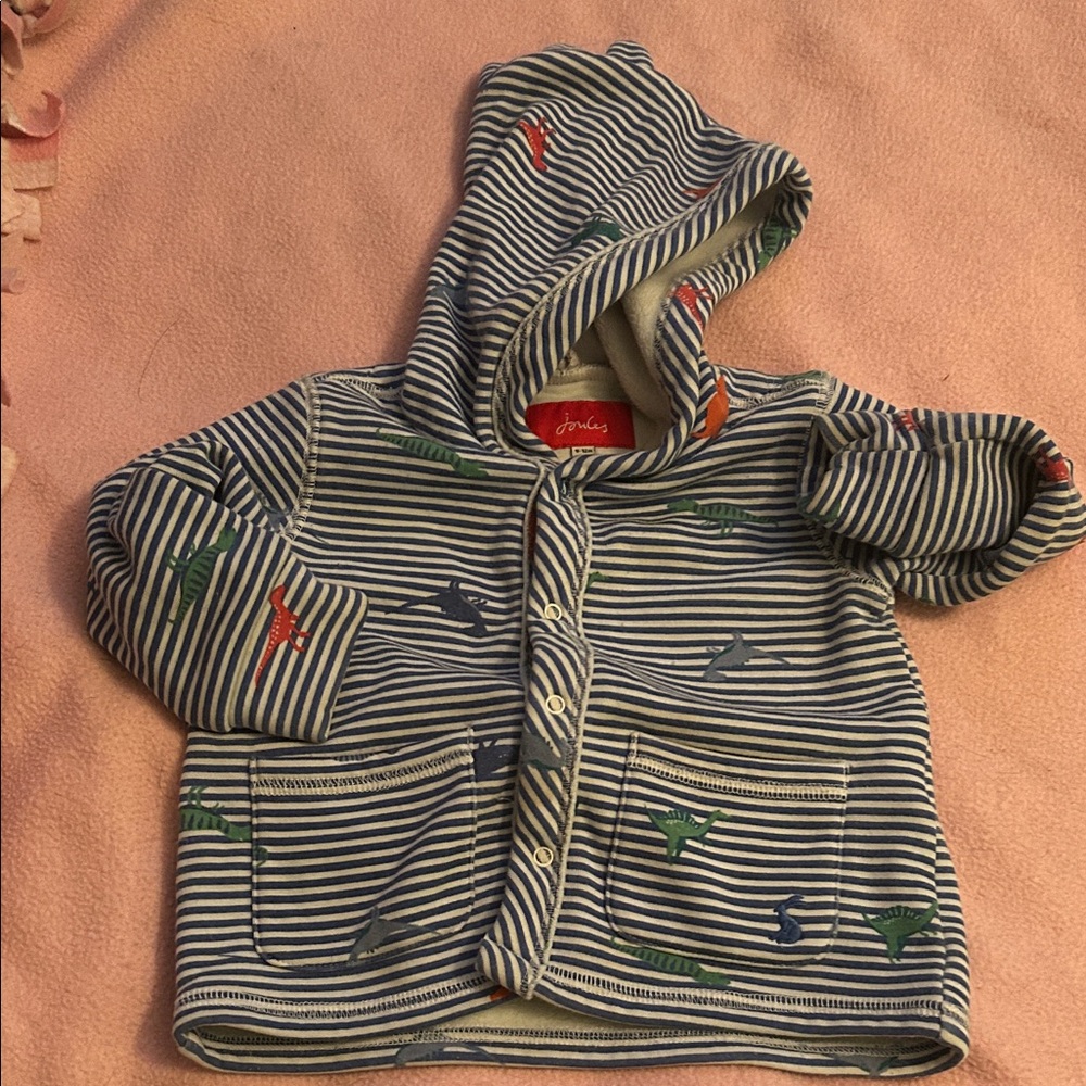 Joules Laine Fur Back Dinosaur Sweater Blue Striped Hoodie 9-12 months Swim